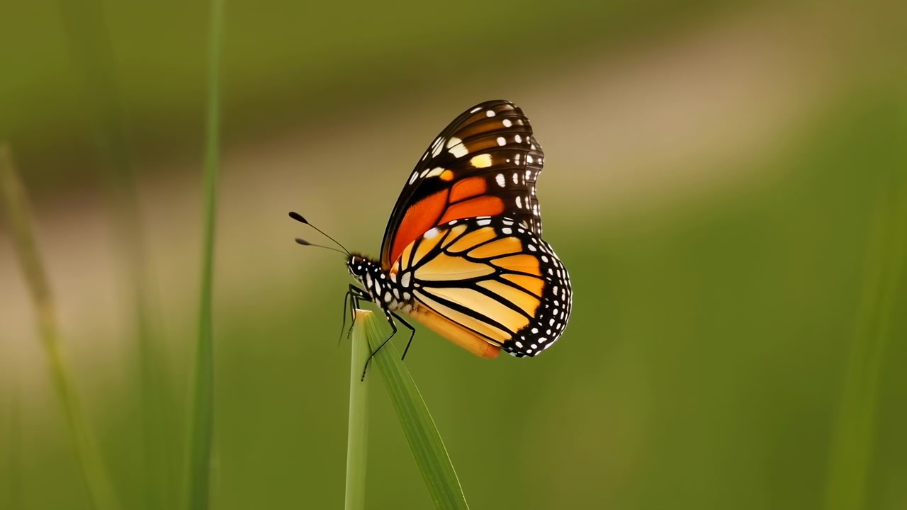 Farfalla monarca arancione posata su un filo d'erba, vivido dettaglio macro della monarca che riposa sul filo tra erbe verdi alte