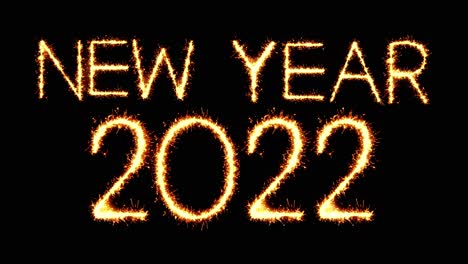 new year 2022 text sparkler writing with glitter sparks particles firework on black 4k loop