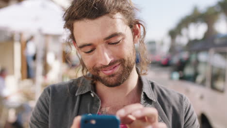 Man,-tourist-and-phone-for-texting-in-summer