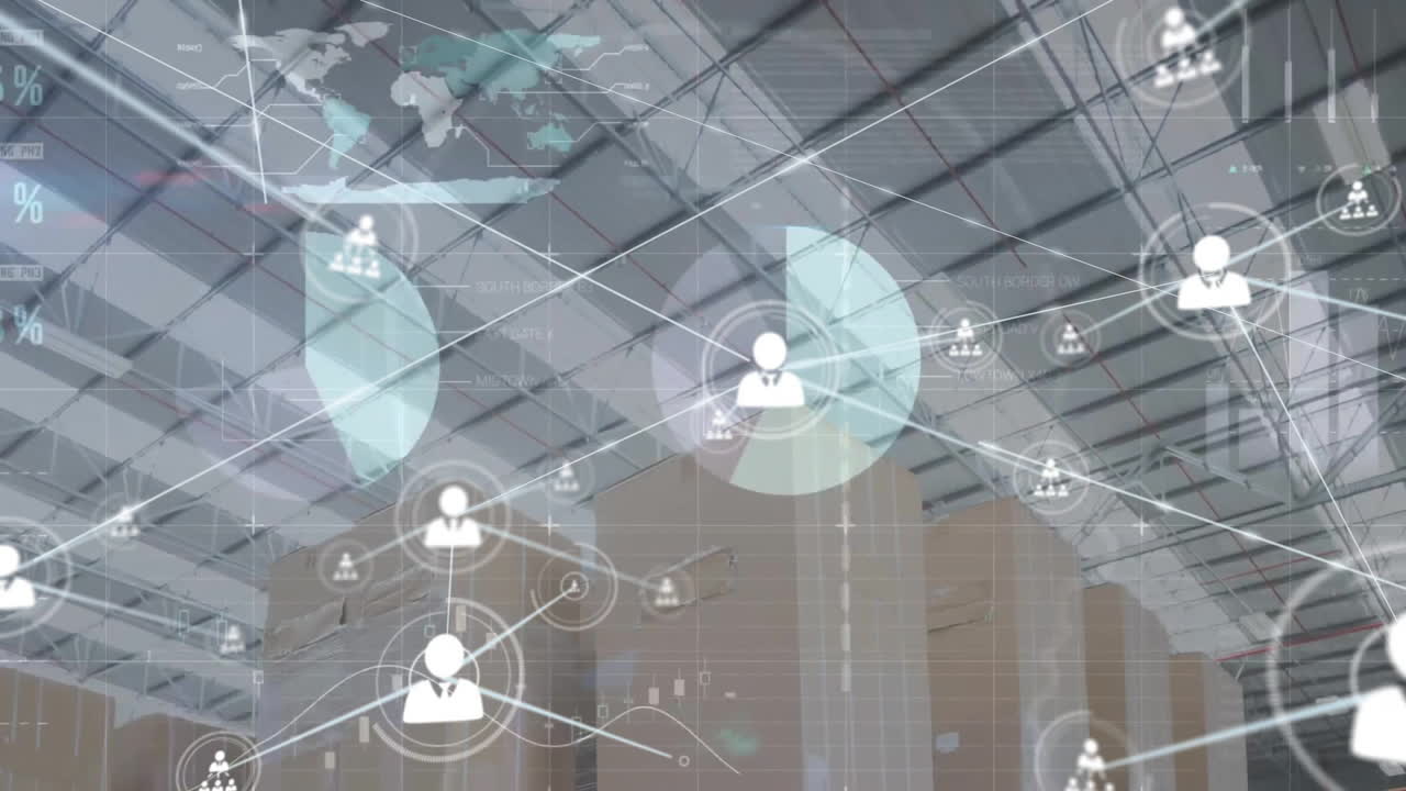 창고 위의 아이콘과 연결 네트워크의 애니메이션