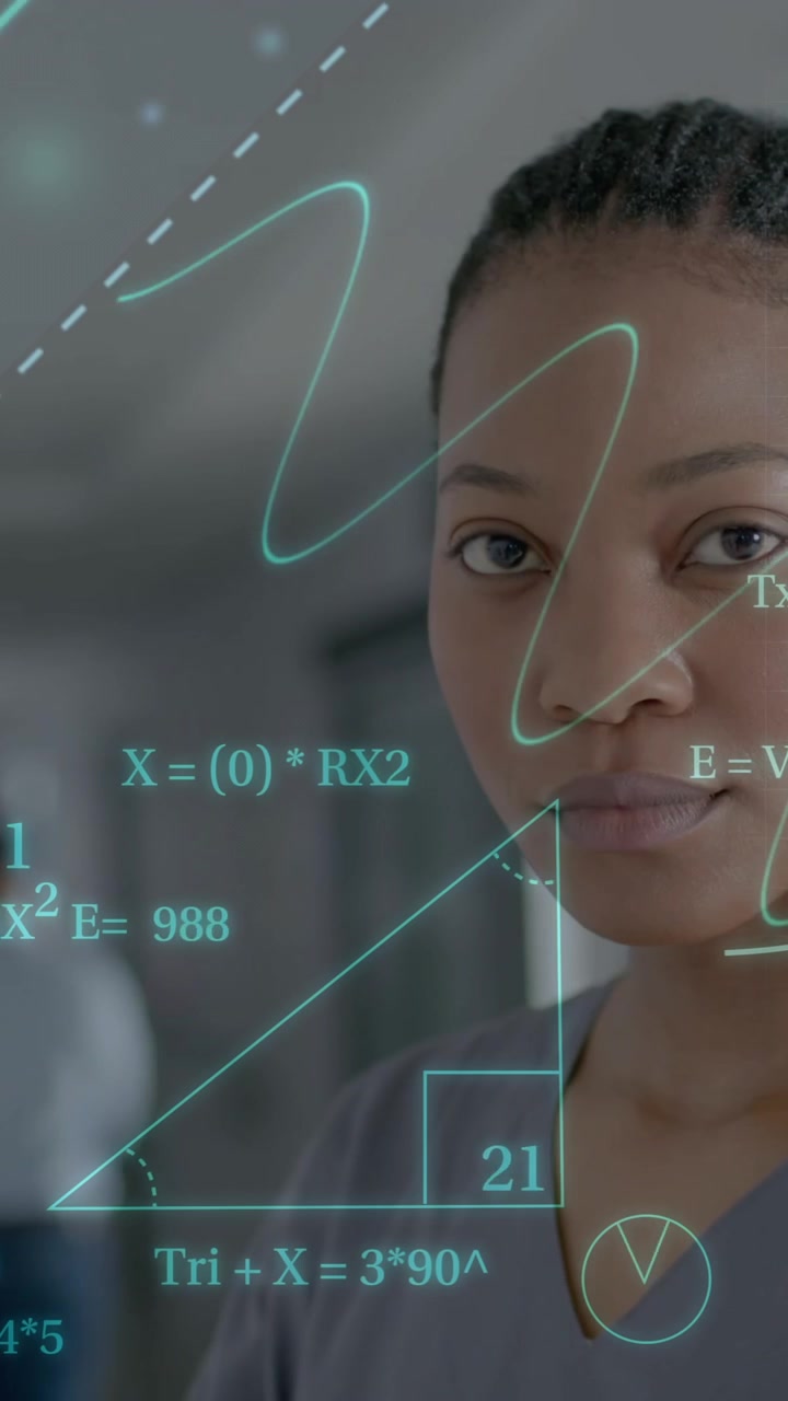 Medical professionals discussing patient data over mathematical and scientific formulas animation