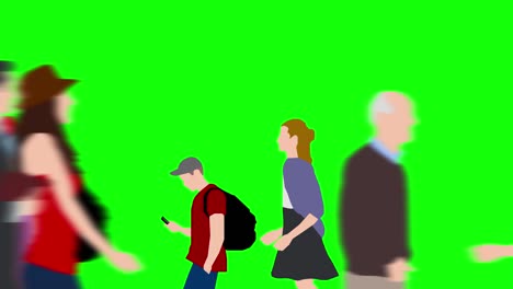 animation of a large crowd crossing (4k video). silhouette version. close-up view. green background for background transparent use