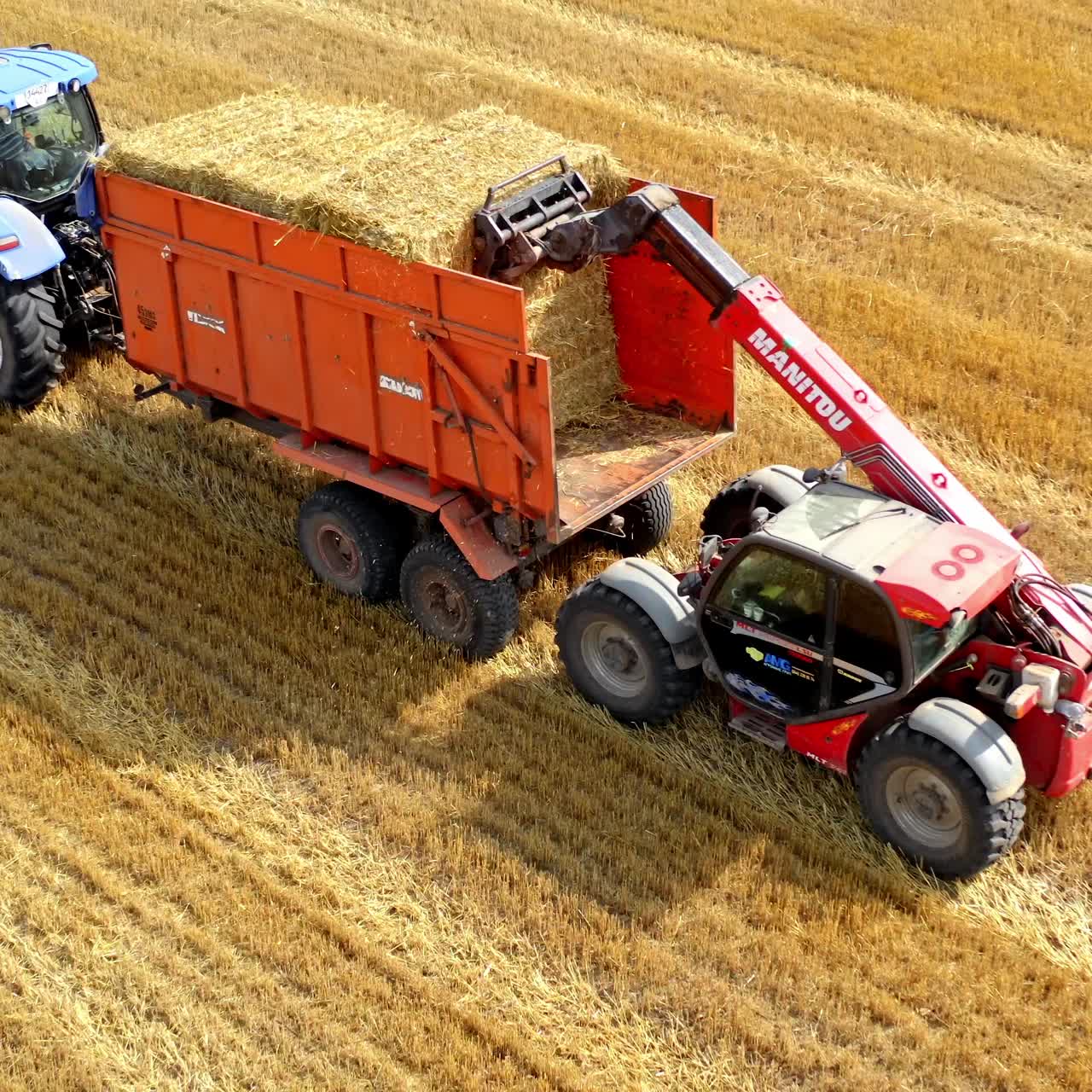 Tractor collecting bales of hay. Aerial view of tractor colecting on agricultural field