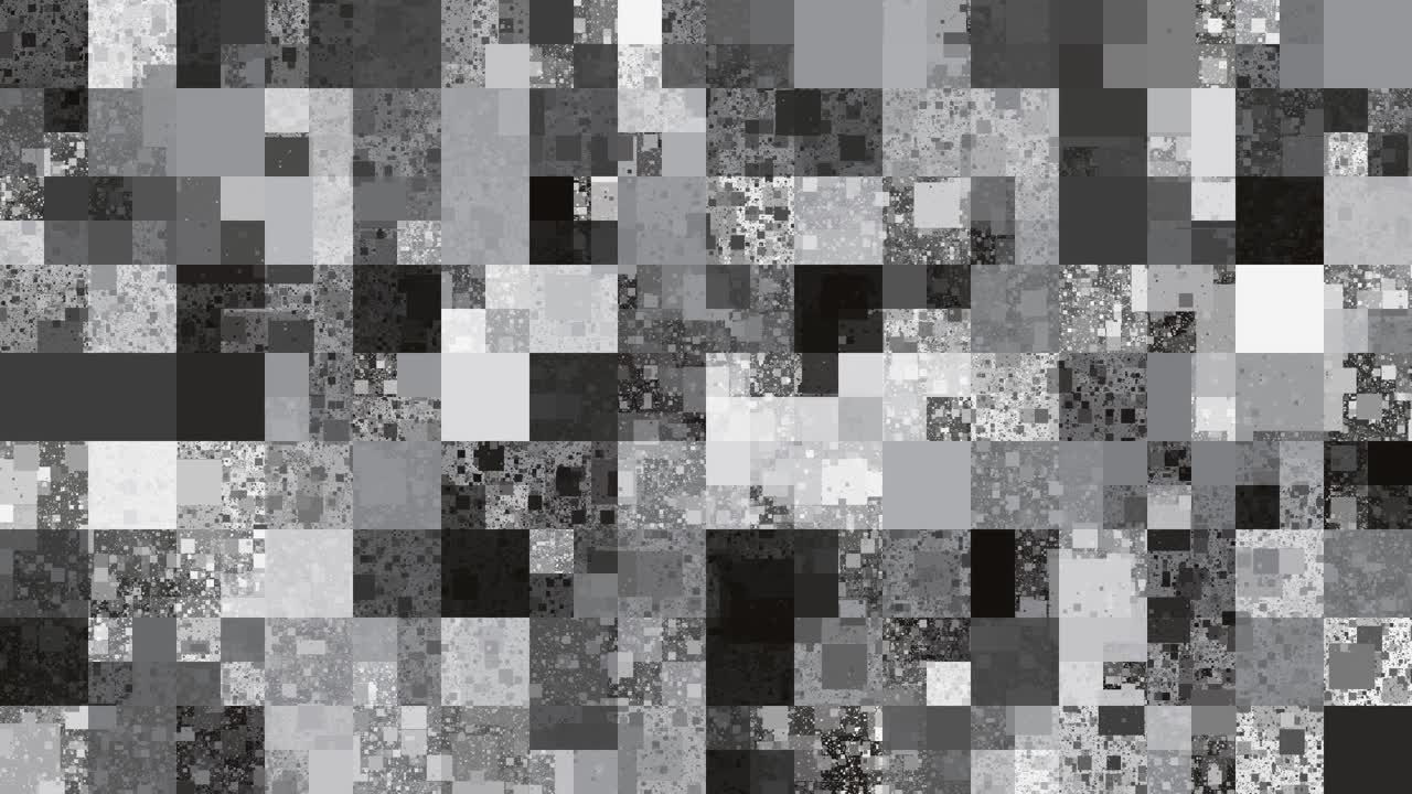 Patrón de mosaico en escala de grises, ruido de fallo digital, cuadrícula geométrica pixelada, textura tecnológica abstracta, fondo monocromático en bucle.