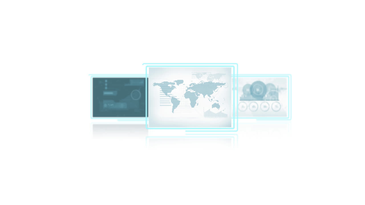 Animation of three screens with world map and data processing on white background