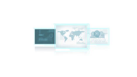 animation of three screens with world map and data processing on white background