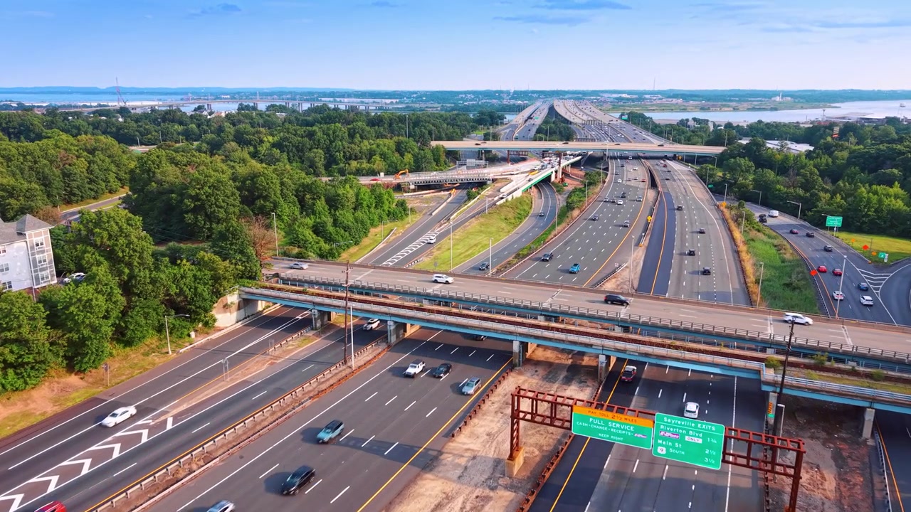 Daylight over highway overpass with direction signs, New Jersey. Perspective displaying concrete bridges, vehicle traffic and surrounding forest.