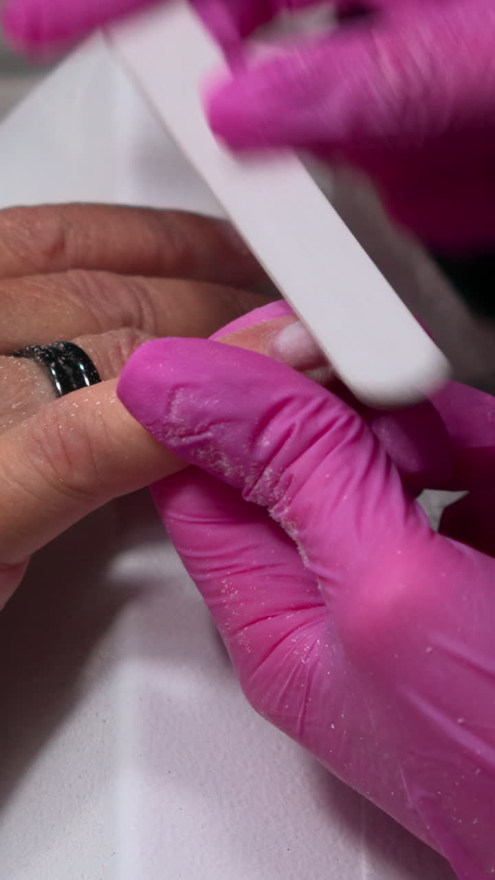 Close-up of Nail Technician Filing a Fingernail During Manicure