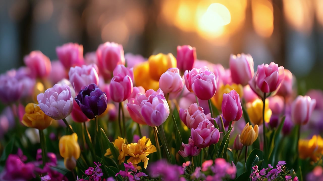 A Radiant Bouquet of Colorful Tulips and Blossoms Basking in the Warm Glow of the Setting Sun, Creating a Stunning Garden Scene Filled with Nature's Beauty