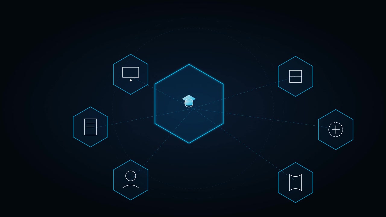 Digital Interface with Central Graduation Cap Icon and Connected Network Nodes