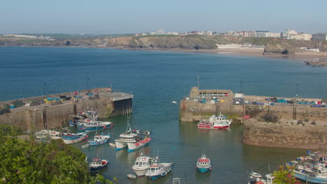 Hafen-Von-Newquay-In-Cornwall,-Großbritannien-Mit-Angedockten-Booten-Und-Fliegenden-Möwen