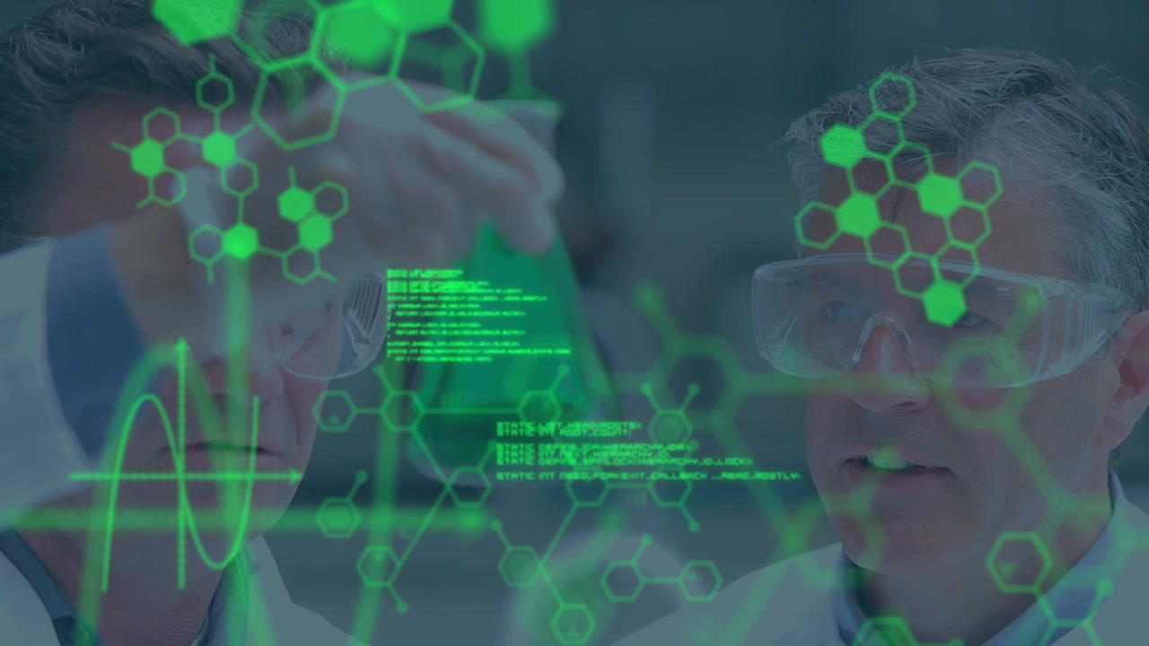 Animation of molecules and data processing over diverse scientists in lab