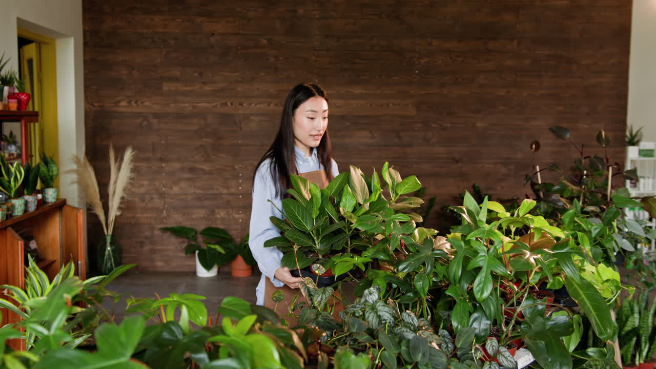 식물 가게 에서 일 하는 여자