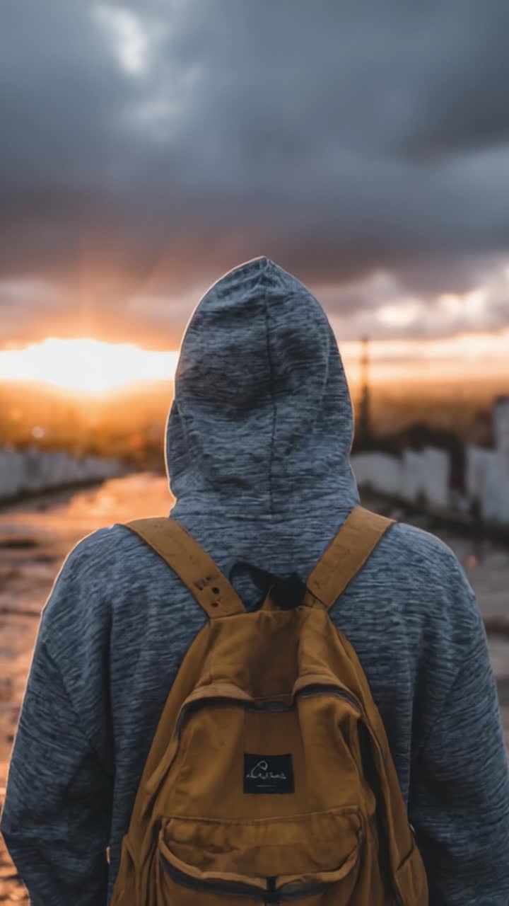 Una figura solitaria si erge su un sentiero tranquillo al tramonto, avvolta in una felpa grigia con cappuccio e uno zaino arancione, catturando un momento di riflessione e tranquillità sullo sfondo di un paesaggio suggestivo.