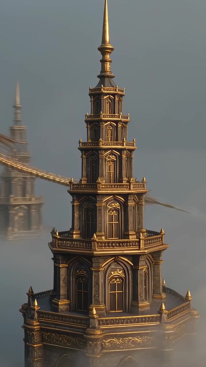 Vertikales Video: Links im Bild erscheint ein Metalldrachen, der einen vergoldeten Turm über Nebel umkreist und goldenes Leuchten ausstrahlt.