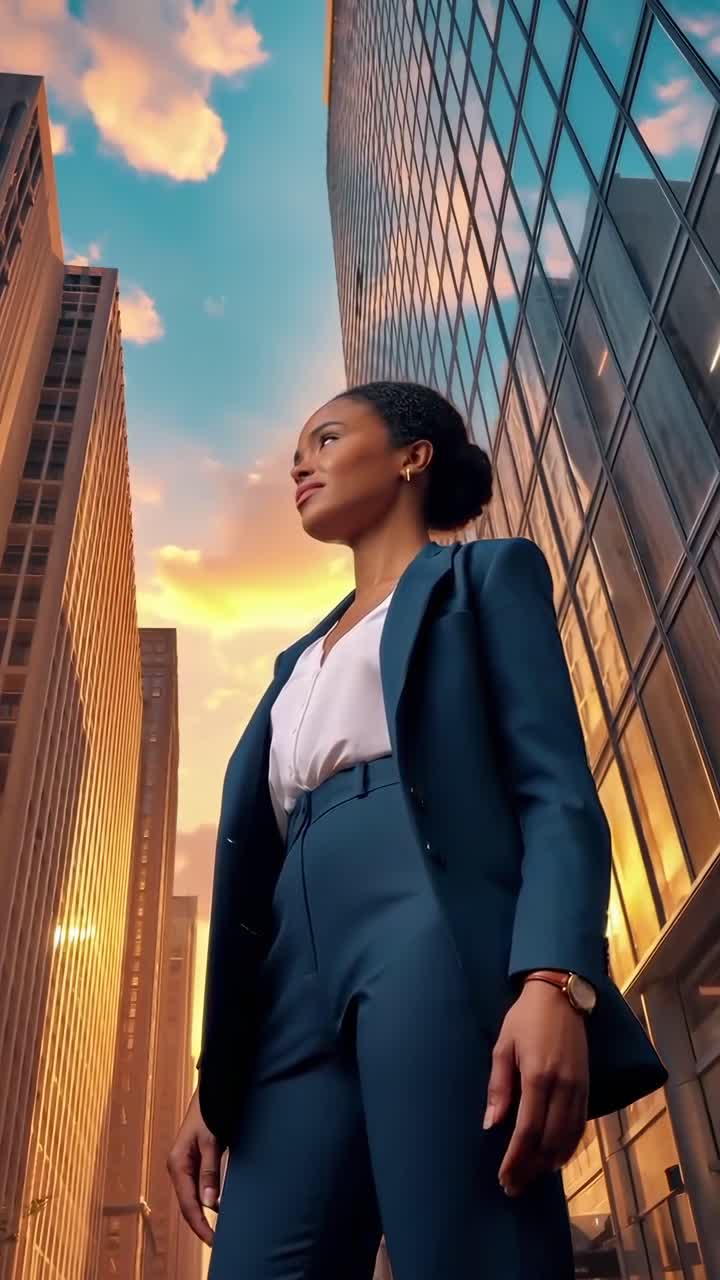 Tomada em baixo ângulo de uma mulher confiante em uma paisagem urbana ao pôr do sol, ideal para um vídeo motivacional