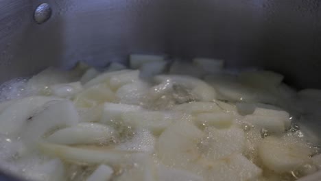 cacerola lenta alrededor de una olla de cocina de metal burbujeante con mucha manzana cortada en trozos hirviendo en agua