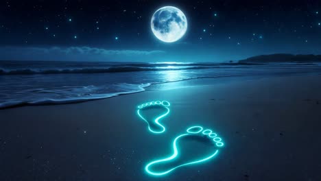 glowing footprint on a night beach