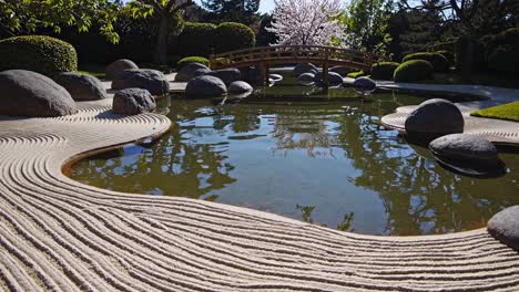 serene japanese zen garden featuring concentric waves expanding across tranquil water surface. surrounded by carefully arranged rocks. trees. and wooden bridge. embodying meditative landscape design