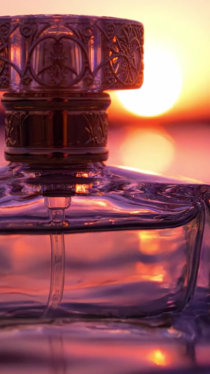 Un'elegante bottiglia di profumo fotografata al tramonto, che mostra il suo design intricato e il bagliore radioso del cielo crepuscolare sullo sfondo