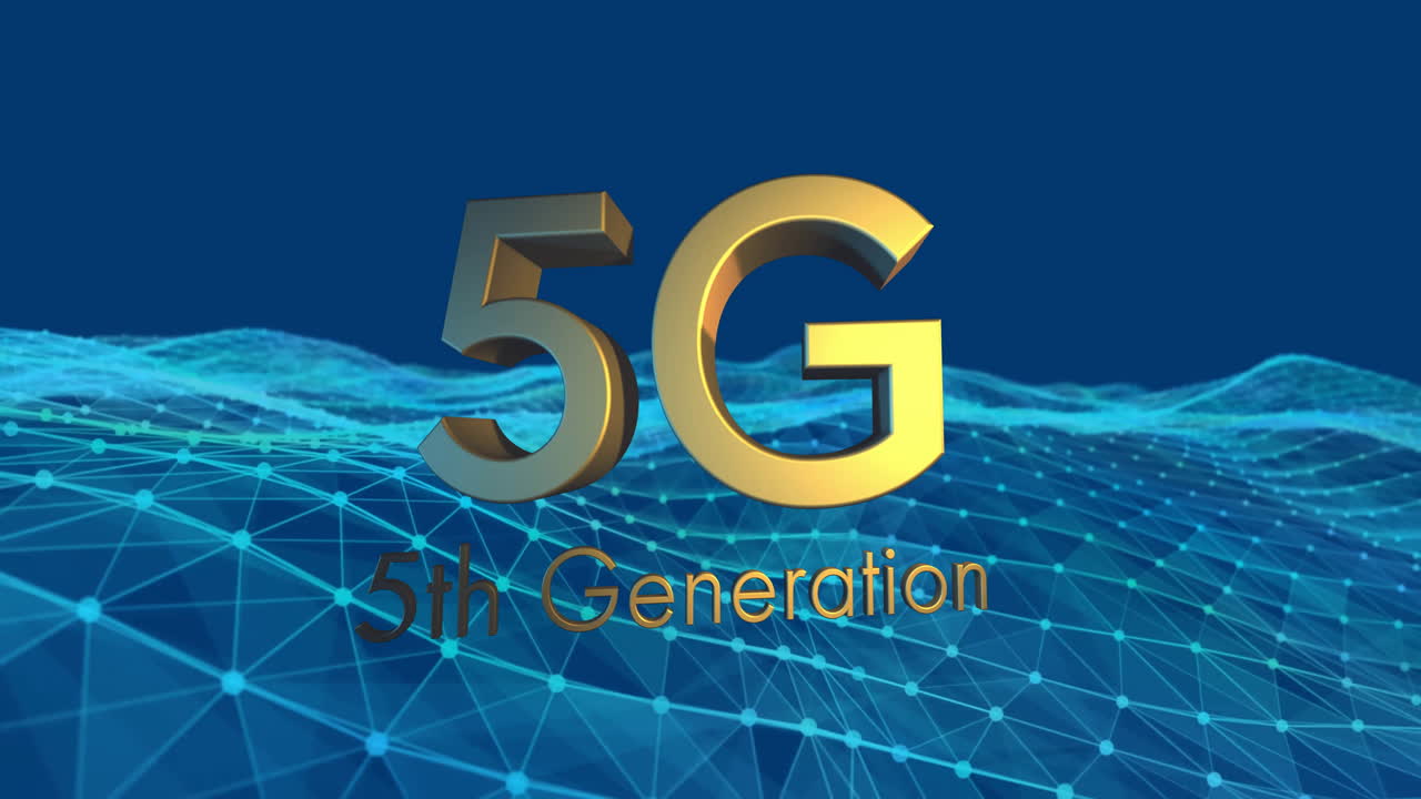 animazione di testo 5g e forme che si muovono su sfondo blu
