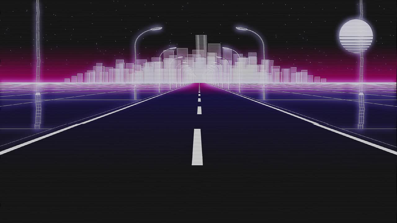 나이트 시티 로드 레트로 배경 글리치 3d 렌더링