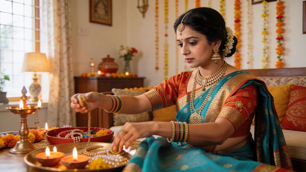 Donna in sari che allunga la mano in una ciotola rossa, sistemando gioielli accanto a diya accese in soggiorno per la puja.