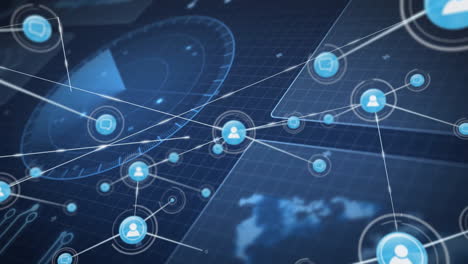 network of connections and data processing animation over digital world map