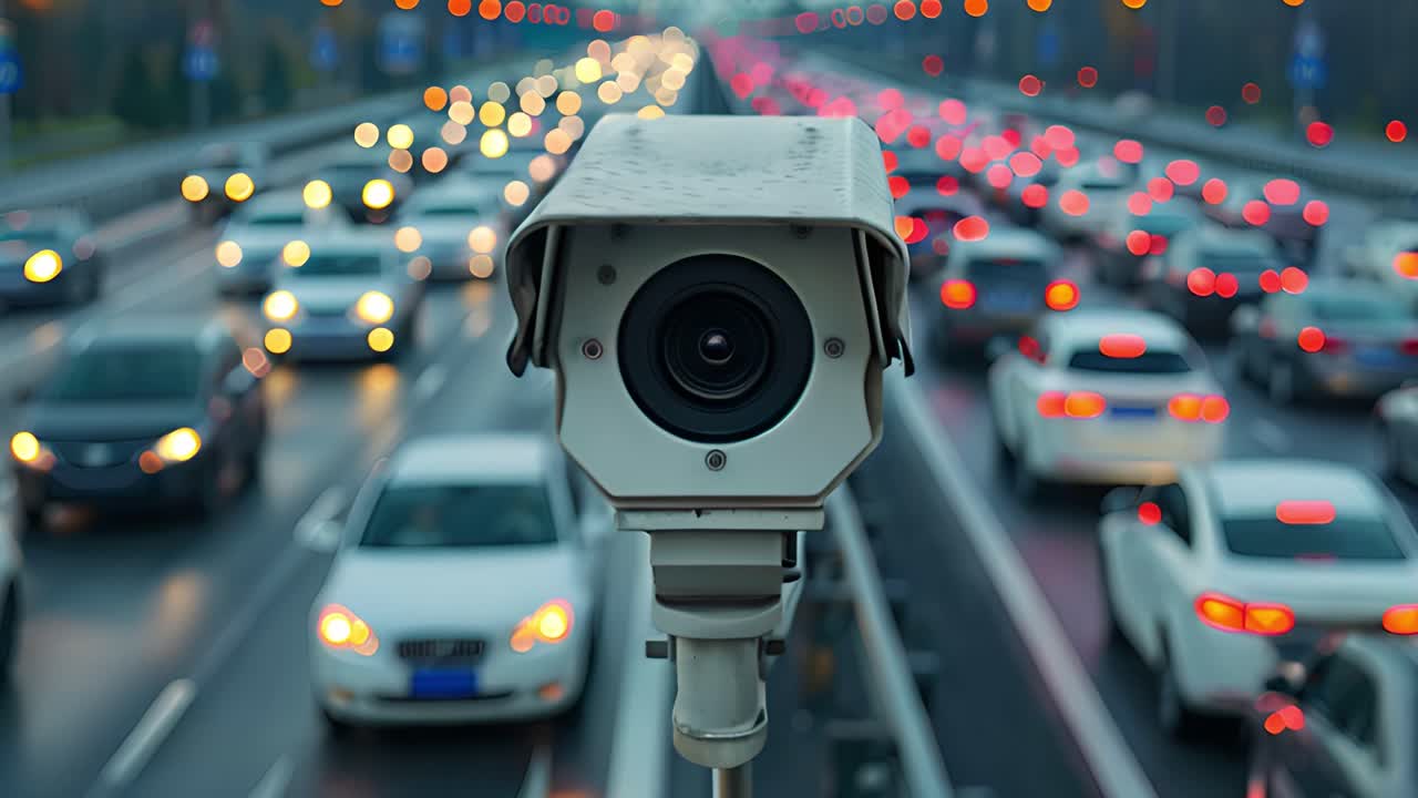 Surveillance Camera Monitoring Busy Highway Traffic at Night