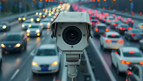 surveillance camera monitoring busy highway traffic at night