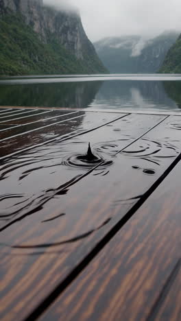 rainy fjord landscape with wet wooden dock