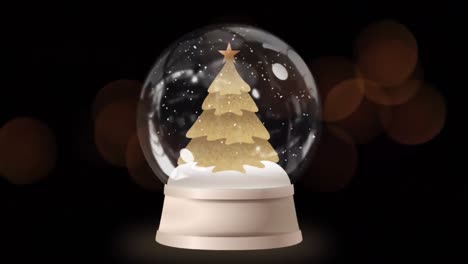 Shooting-star-around-a-christmas-tree-in-a-snow-globe-against-red-spots-of-light-on-black-background