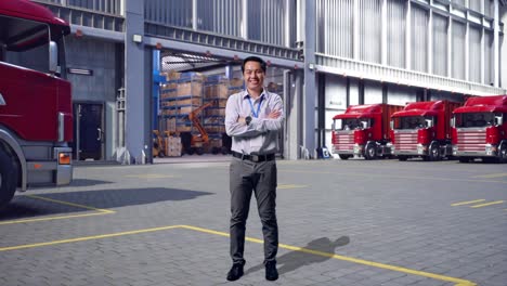 full body shot captures of an asian male professional worker standing, outside of logistics distributions warehouse, his broad smile at the camera and cross his arm over his chest