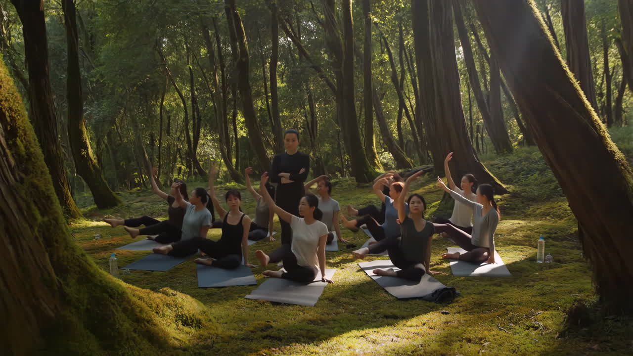 Group of Women Practicing Yoga in a Serene Forest Setting