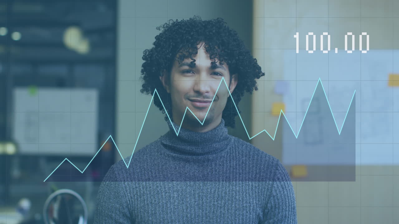 Animation of data processing over biracial businessman at office