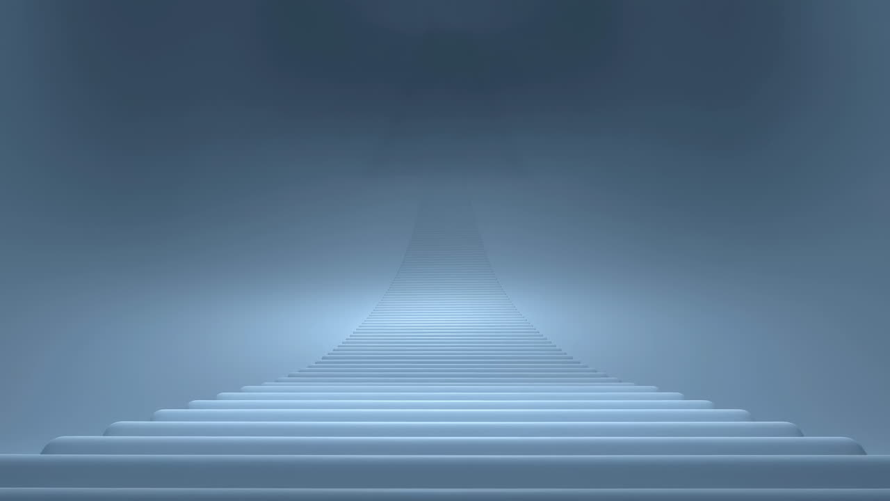 Tom blå scene med trin og blødt spotlys, atmosfærisk dis og minimalistisk platform, bredt perspektiv