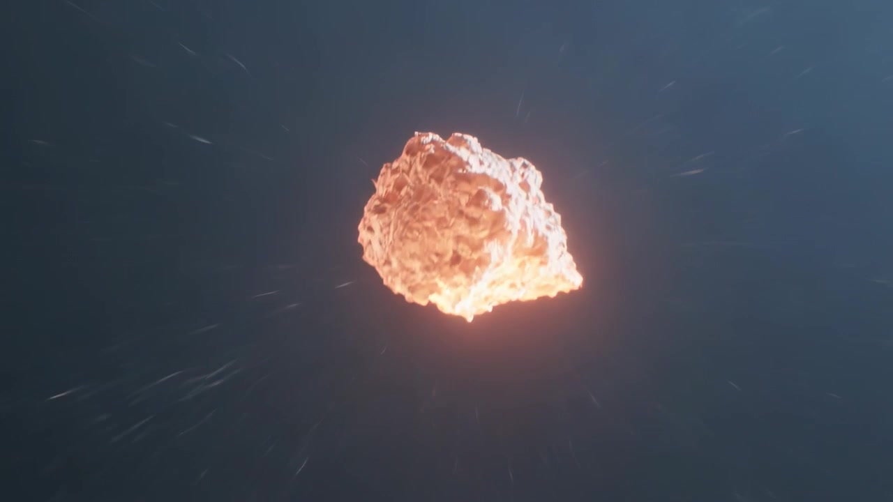Entrando nell'atmosfera, un meteoroide solitario che precipita, si riscalda, brilla, frammentandosi in una nuvola luminosa