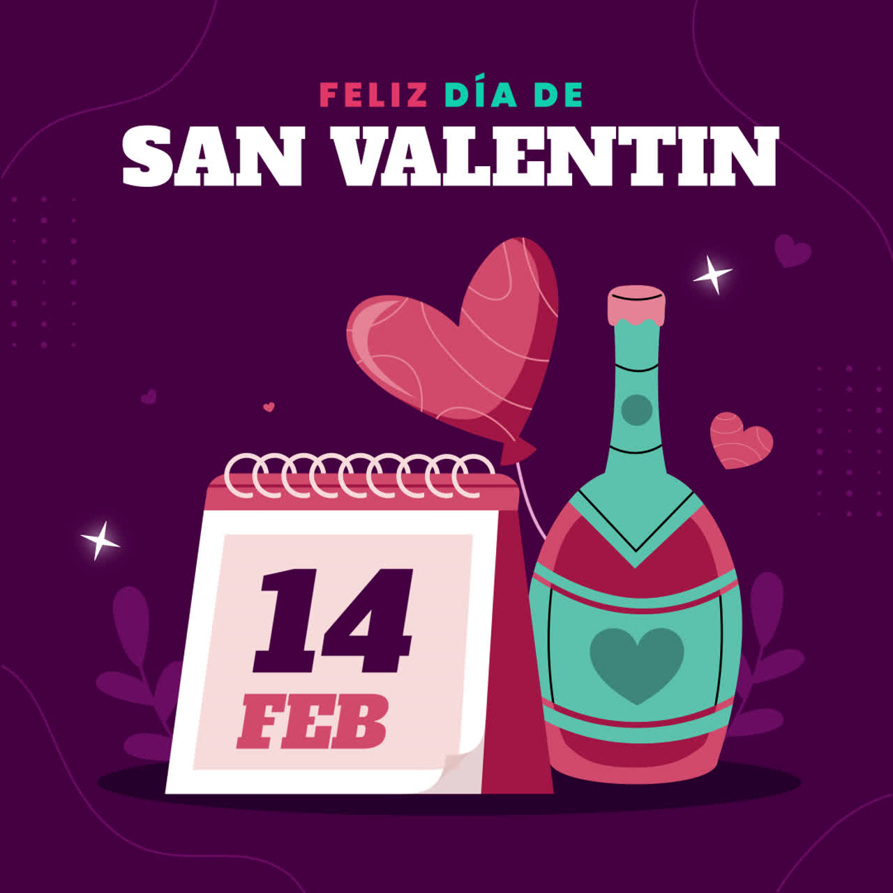 feliz imagen del día de san valentín con calendario, globo y botella de champán