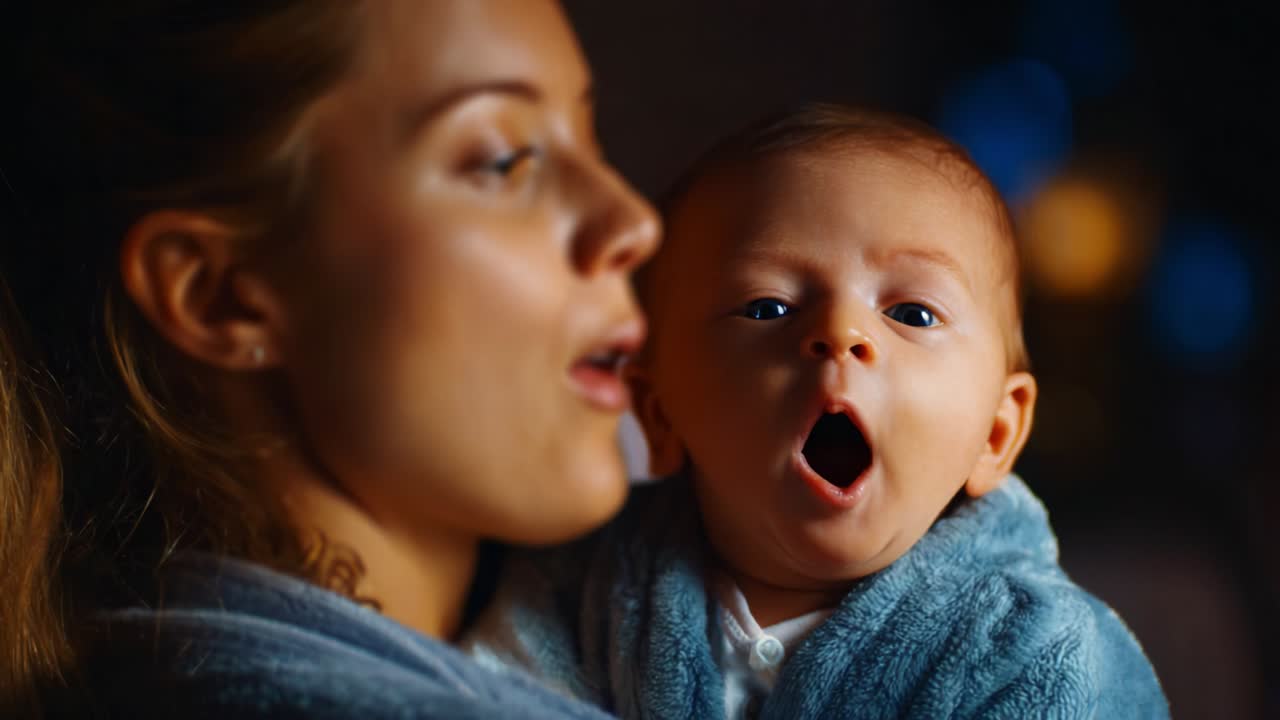 Captivating Moments of Connection: A Heartwarming Interaction Between a Mother and Her Baby with Expressions of Surprise and Joy Captured in Soft Lighting