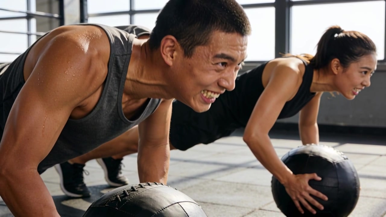 Starting timer workout pair doing med-ball push-ups at gym wearing grey tank black top for strength