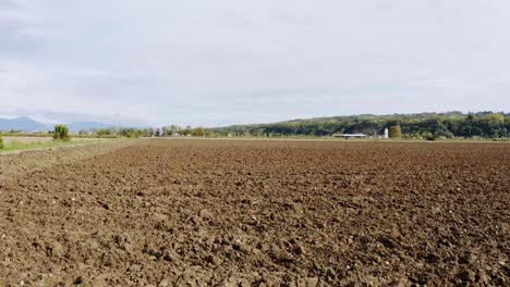 el sobrevuelo aéreo bajo aró los campos agrícolas durante el día soleado y las colinas del bosque en segundo plano.