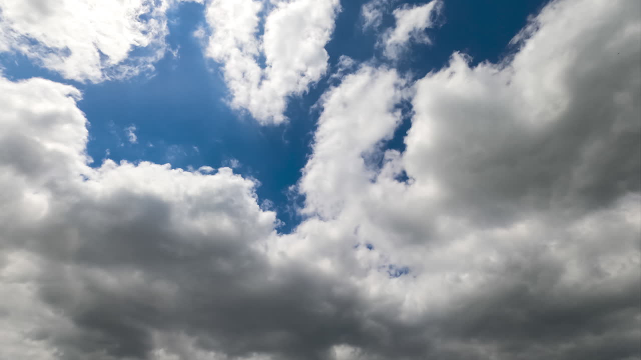 Fluffy small clouds transforming quickly into grey cloudscape. View from below. Timelapse.