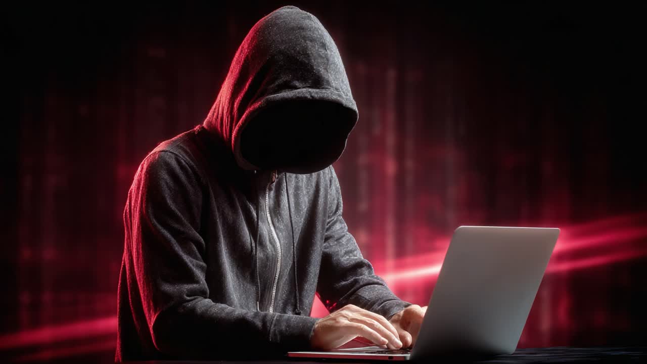 Mysterious hooded figure engaged in computer activity, shrouded in shadows, exemplifying themes of anonymity and technology in a dark, atmospheric setting