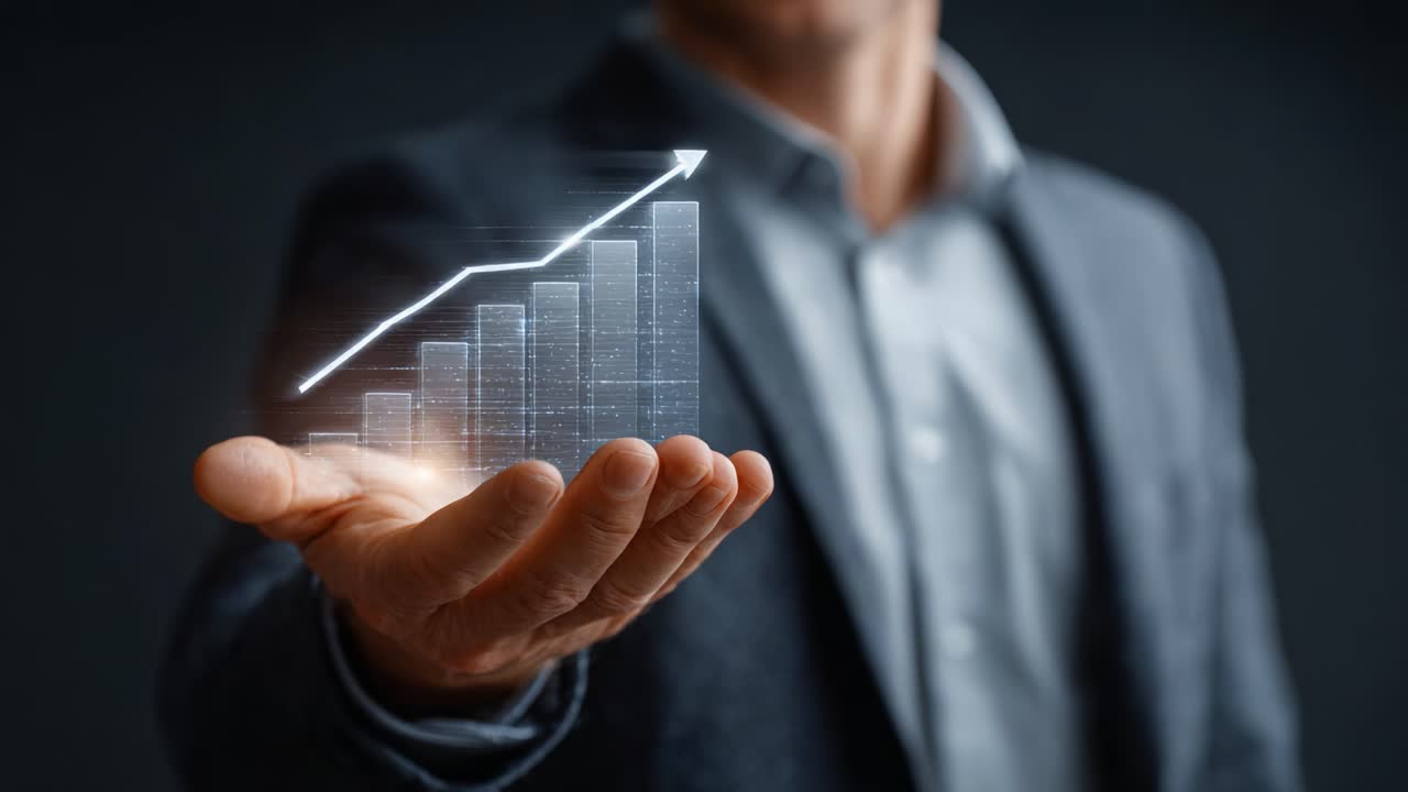 A Professional Holding a Transparent Graph Display Demonstrating Growth and Progress in Business Metrics, Symbolizing Success and Future Opportunities
