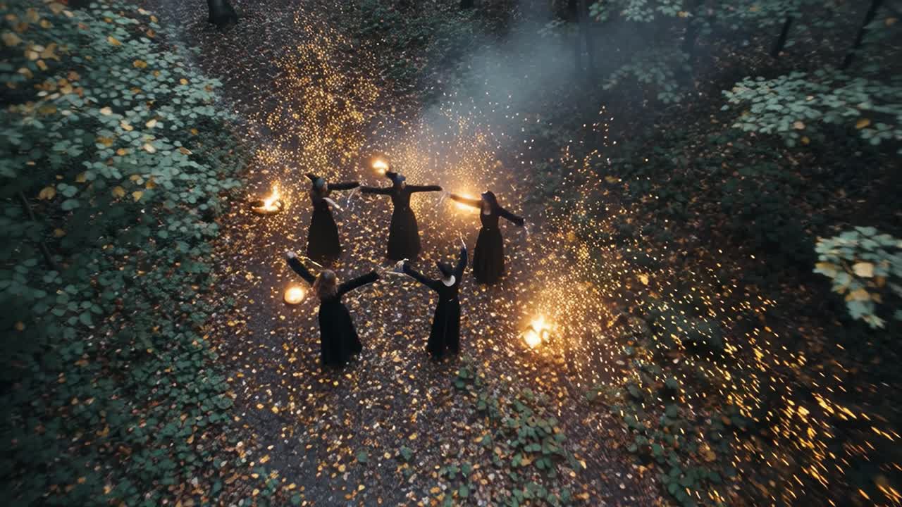 A Mysterious Gathering in the Enchanted Forest: Shadows and Sparks Emerge as Cloaked Figures Dance Amidst a Show of Lights and Nature's Essence