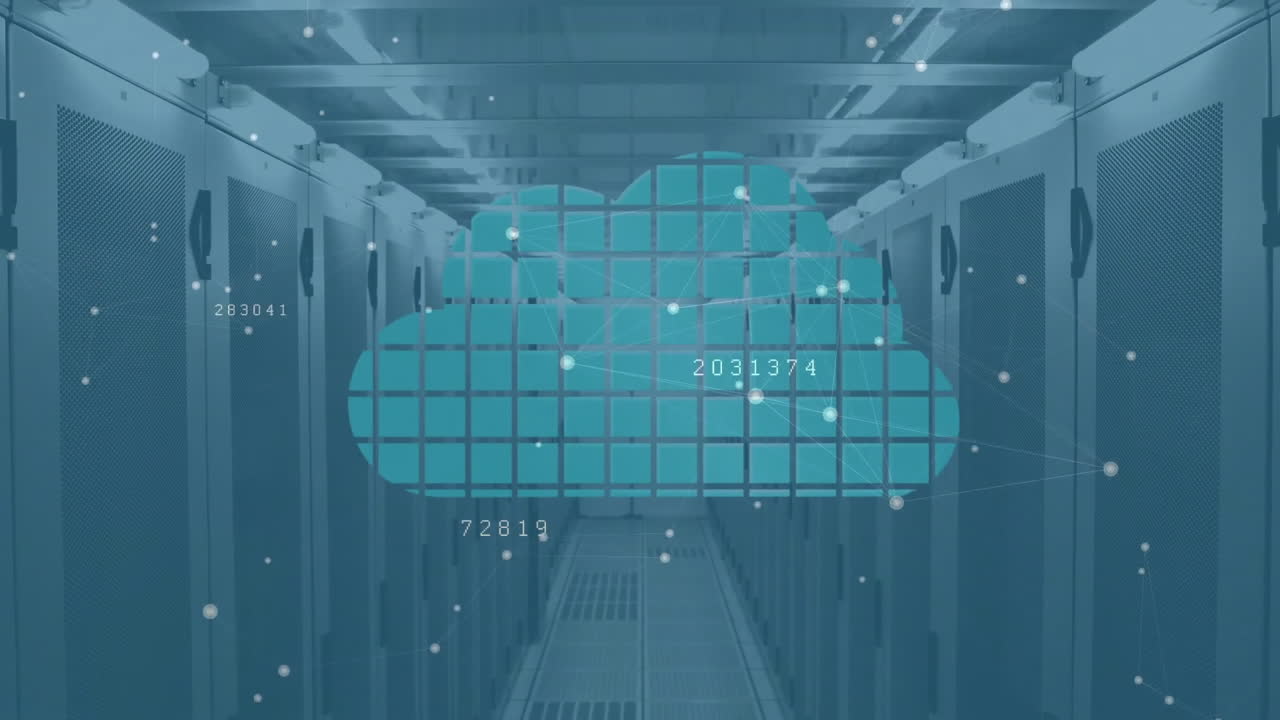 animación de datos de computación en la nube sobre racks de servidores en el centro de datos