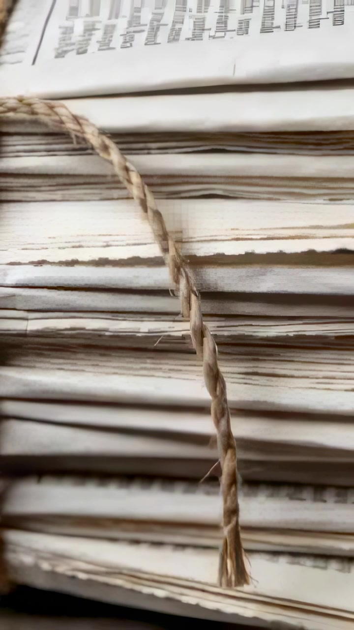 Vertical video: Framing cam causing braided cord shifting over pages on shelf, frayed end and knot