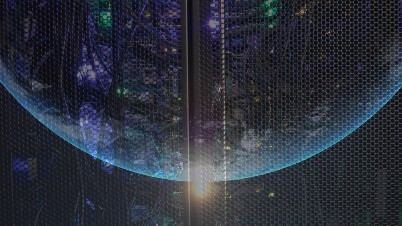 Animation of globe over illuminated data server system in server room