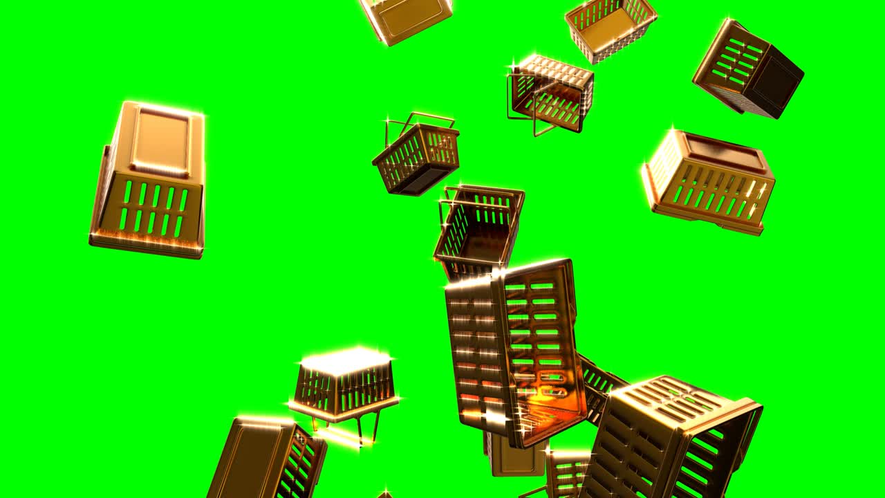 Shining gold shopping baskets on green chroma key background.