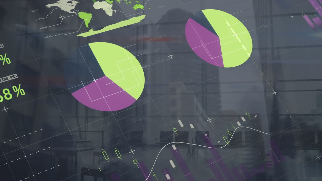 animación de estadísticas y procesamiento de datos financieros sobre personas que caminan y paisaje urbano.